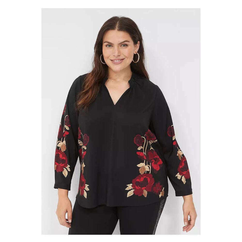 Lane Bryant Black Tan Red Floral Blouse Sz.22/24 NWT